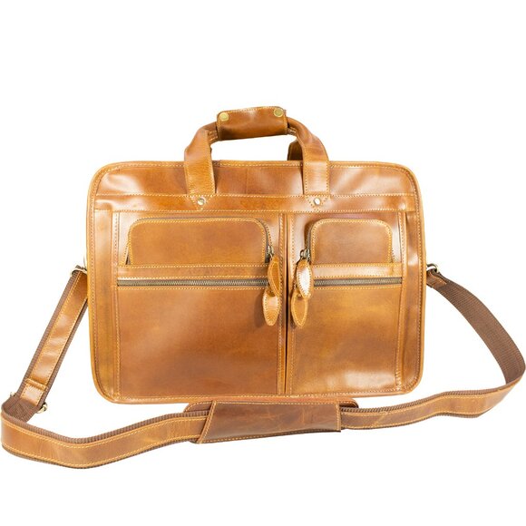 Men's Genuine Leather Vintage Weekender Bag, Briefcase Bag Satchel, Tan - Picture 2 of 15